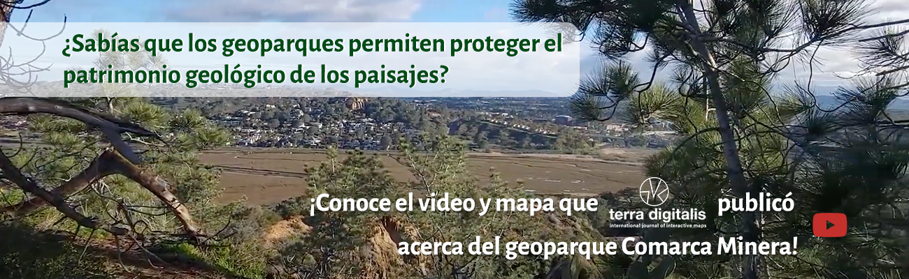 Banner del video y el mapa acerca del geoparque Comarca Minera